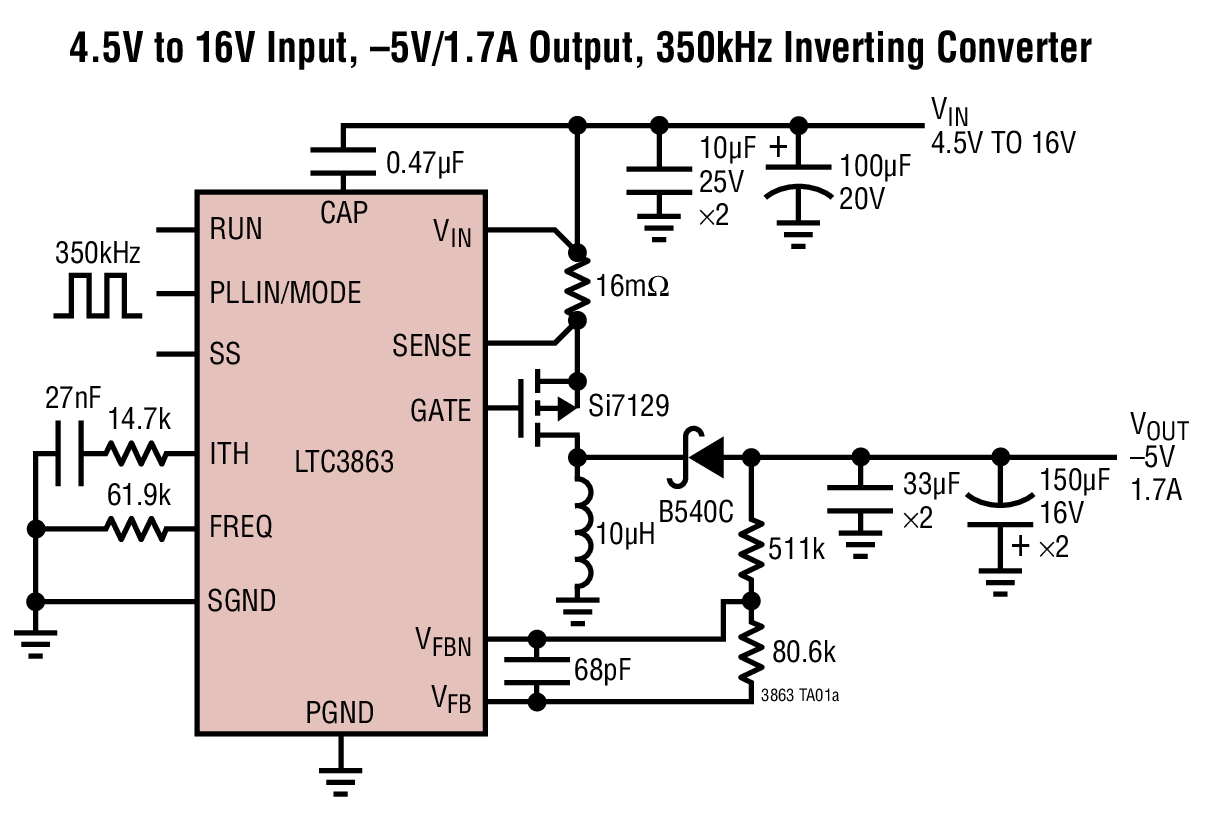 Entrada de 4,5 V a 16 V, salida de –5 V/1,7 A, convertidor inversor de 350 kHz
