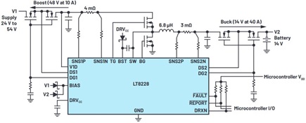LT8228 configurado en un sistema simplificado de respaldo de batería bidireccional