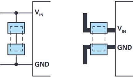 Cuando los condensadores de derivación están conectados con vías, hay varias opciones
