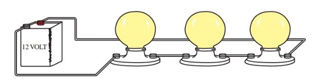 Tres lámparas conectadas en serie.