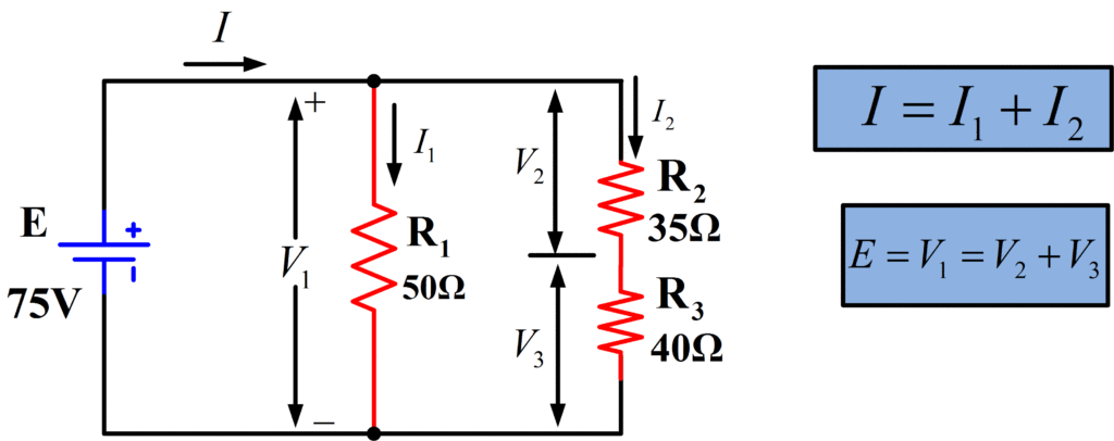 Figura 5 Corrientes y tensiones en un circuito serie-paralelo