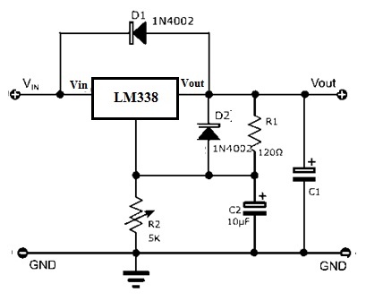 Circuito de protección LM338 IC con diodo 1N4002