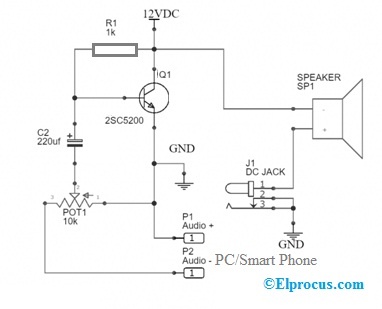 Circuito amplificador de audio usando un transistor 2SC5200