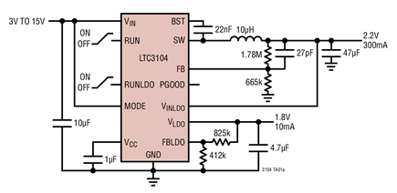 Figura 5. El LTC3104 añade un regulador lineal de bajo ruido de 10mA.