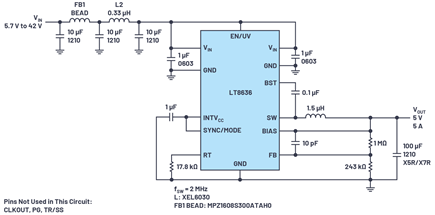 Figura 3. El convertidor reductor de EMI ultrabaja de 5 V/5 LT8636 funciona en modo de espectro ensanchado con un pico de 7 A a 5,7 V a 42 V.