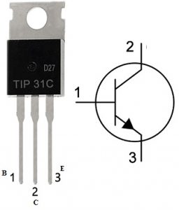 Configuración de las patillas del transistor TIP31C NPN