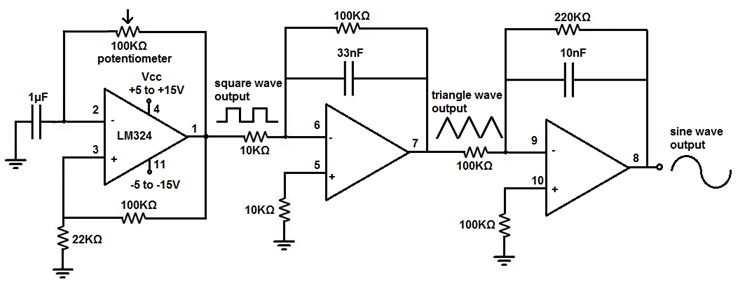 Esquema del circuito del generador de funciones con el amplificador operacional LM324