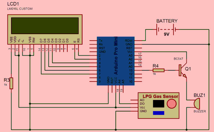 Circuito de sensor de gas GLP con microcontrolador Arduino