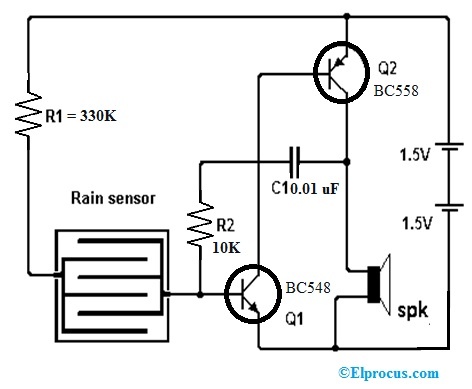 Circuito detector de lluvia con transistores
