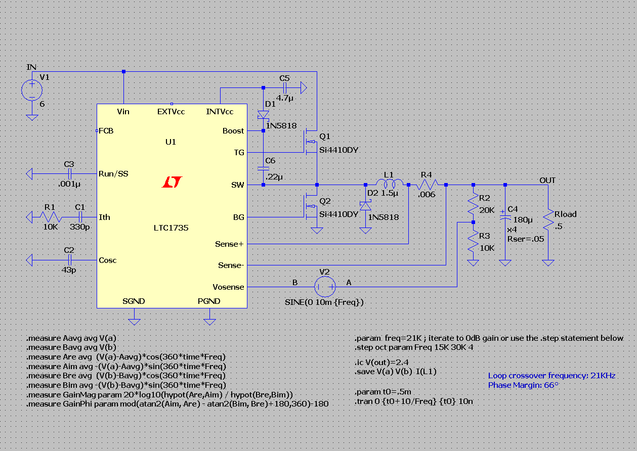 LTC1735: Ejemplo de interruptor de frecuencia fija y modo de corriente de pico