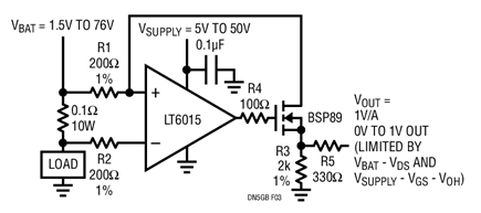 Figura 3. El amplificador de detección de corriente del lado alto funciona hasta 76 V, incluso con una sola alimentación de 5 V. El FET proporciona retroalimentación. La salida a escala completa está limitada por VBAT y VSUPPLY. La resistencia de salida de 330Ω es una precaución - ver texto. Para un funcionamiento robusto, si VSUPPLY baja o se elimina por completo, todas las entradas pasan a ser de alta impedancia para que VBAT no se cargue.