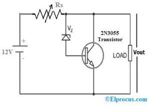 Circuito regulador de tensión con transistor 2N3055